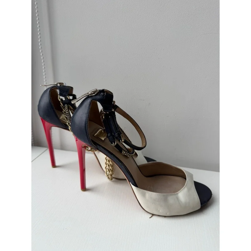 GUESS Marciano Chain Heels Leather Peep Toe Pumps Y2K Size 37.5 US 7.5